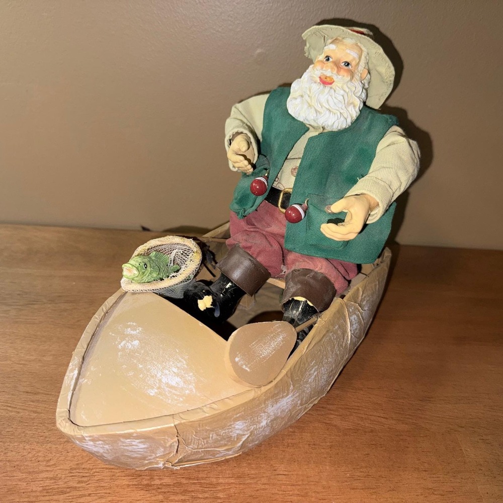 Vintage Santa Claus Fisherman in Rowboat Figurine Christmas Decor 10 Inch